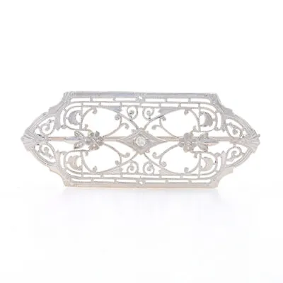 White Gold Diamond Art Deco Bar Brooch Floral Filigree 10k Single Ct Vintage Pin • $249.99