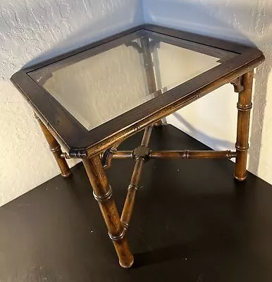 Vintage Regency Style Fruitwood Faux Bamboo Tinted Glass Top Side Table MCM • $347