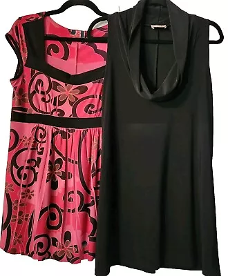 MKM Designs Sleeveless Tunic Large Black Retro Pink Mod Lot Of 2 Travel Packable • $28.99