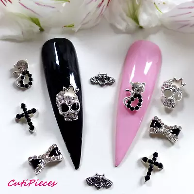 Halloween 3D Nail Art Silver Rhinestone Bats Skull Cat Cross Bow Alloy Metal HW7 • $4.91