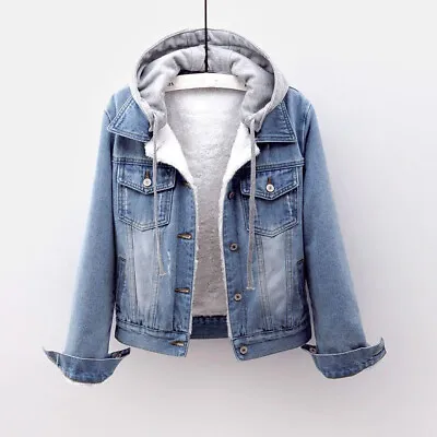Women Denim Jeans Jackets Hooded Thick Fleece Lining Short Vintage Sweatshirt • £20.26