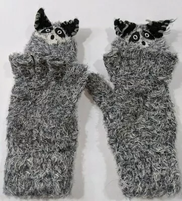 Children's Mitten Gloves Gray/White Raccoon Eyes Ears Cute • $9