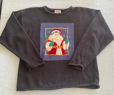 Vintage PBJ Sport Santa Sweater Knit Navy Women’s Size Medium Rolled Hem Holiday • $15.29