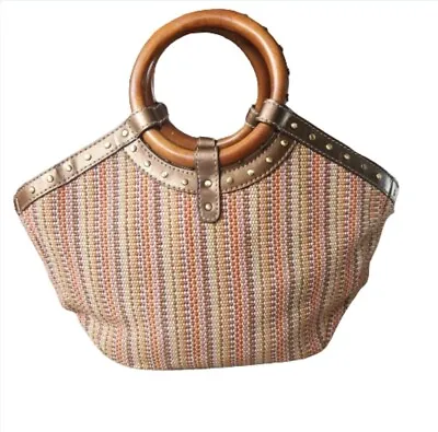 Vintage Fossil Multicolor Woven Satchel Crossbody Bag Purse Wooden Top Handle • $17.10