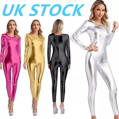 UK Women's Shiny Metallic Full Bodysuit Unitard Long Sleeve Jumpsuit Catsuit • £6.43