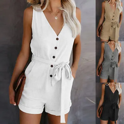 Womens V-Neck Mini Jumpsuit Shorts Playsuit Ladies Summer Casual Holiday Romper • £15.99