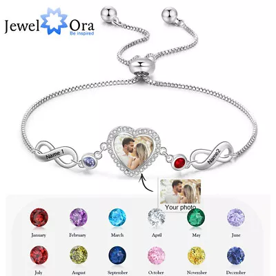 Personalized Photo Love Heart Bracelet 2 Birthstone Adjustable Box Chain Women • $19.72