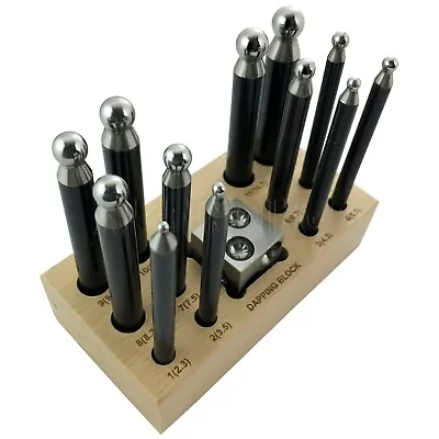£14.99 • Buy 13 Dapping Punches Steel Doming Block 25mm Wood Storage Stand Set (824)