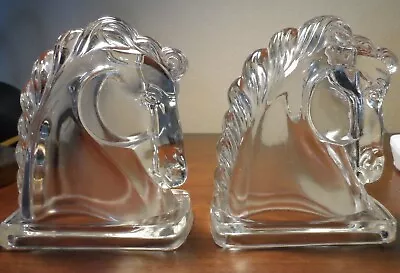 Vintage Art Deco Federal Pressed Clear Glass Horse Head Bookends 1936 A Pair  • $34.95