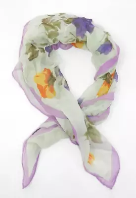Ellen Tracy Sheer Floral Scarf • 21x22  Mint Green Purple Border Flowers • $12.99