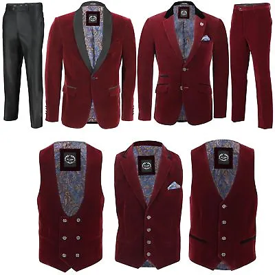 Mens Maroon Velvet Vintage 3 Piece Suit Tuxedo Blazer Coat Waistcoat Trouser • £44.99