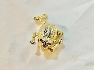 Vintage Estate Gold Tone Frog Brooch With Red/White Crystal Accents EUC STOCKING • $6