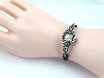 Vintage - Sterling Silver Marcasite Ladies Mechanical Hand Wind Watch - 18cms • $50