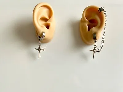 Nail Cross Stainless Steel Earrings Cuff Jewelry Guy Hoops Pierced / Clip On • $15.10