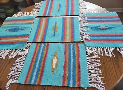 Southwestern Aztec 80% Wool Turquoise Red Placemats Handwoven In Mexico Set Of 5 • $34.99