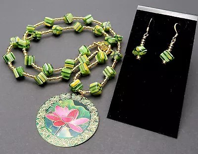 Venetian Italian Glass Millefiori  Necklace W/ Lotus Pendant & Earrings • $21.49