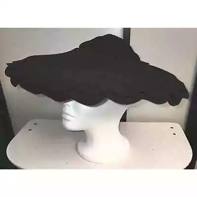 Vintage 30s Lg Black Wool Scalloped Platter Hat Dramatic Art Deco 20.5 In. • $85