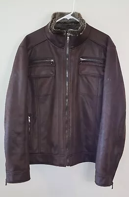 Calvin Klein Men's Large Brown Faux Suede Leather Bomber Jacket Faux Fur Lined • $38