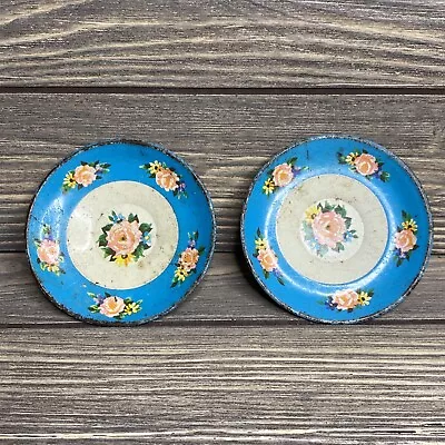 Vintage Metal Tea Set Plates 3.5” Blue Trim Pink Roses Set Of 2 • $12.50