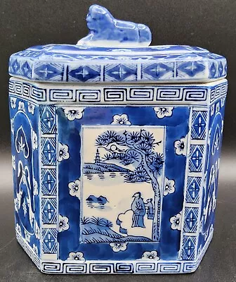 Vintage Chinese Blue & White Hexagonal Tea Caddy Ginger Jar With Foo Dog Lid • $75