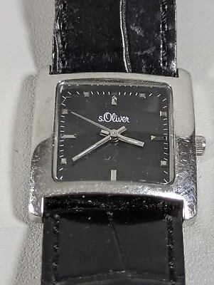 S. Oliver Black Dial Silver Tone Square Case Black Leather Band Watch • $17.49