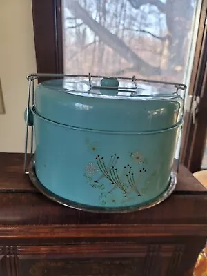 $60 • Buy VTG MCM TURQUOISE BLUE Metal/Tin Cake/Pie Carrier Locking Handle Atomic Flowers
