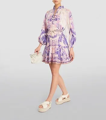 $300 • Buy Zimmermann Lyre Billow Mini Dress Size 1 In Purple Parm RRP$695