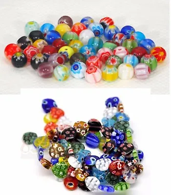 50 X Glass Millefiori Beads - Rounds Or Hearts - Choose Size  -  UK Seller • £3.65