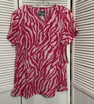Butter-soft Stretch Womens M Scrub Top Pink Multi Zebra Print NWT Short Sleeves • $13.30