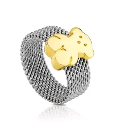 18K Yellow Gold Authentic DESIGNER TOUS Teddy Bear  In SS Mesh Ring • $259.90