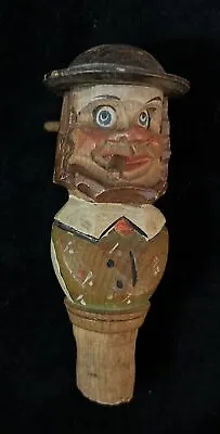 Vintage Carved Anri Bottle Stopper Moving Eyes And Cigar Animated Cork  4” • $15