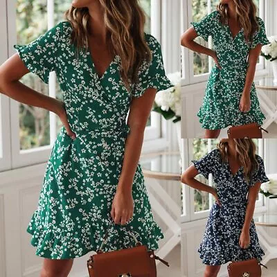 Womens Boho Floral V-Neck Wrap Mini Dress Ladies Holiday Beach Ruffle Sundress • £3.09