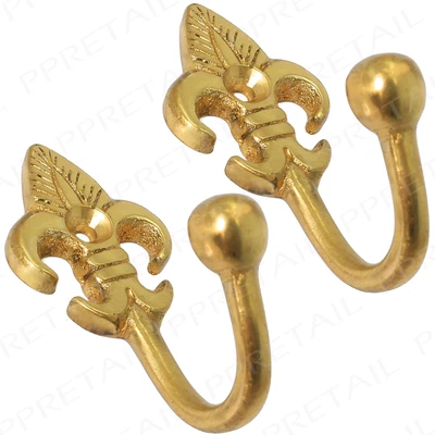 £5.16 • Buy 2 X Brass Ball End Curtain Tie Backs & Screws FLEUR DE LYS Tassel/Rope Hook