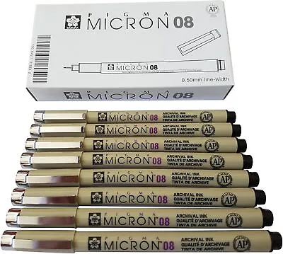 Sakura Pigma Micron Pen 08 Black Felt Tip Artist Drawing Pens - 8 Pen Set • $25.99