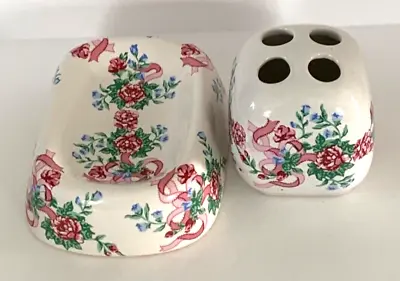 Vintage Floral Ceramic Soap Dish Toothbrush Holder Set Shabby Chic Style 1980’s • £21.38
