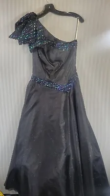 Vintage 80s Mike Benet Black Rainbow Sequin Prom Party Dress One Shoulder Bow 12 • $200