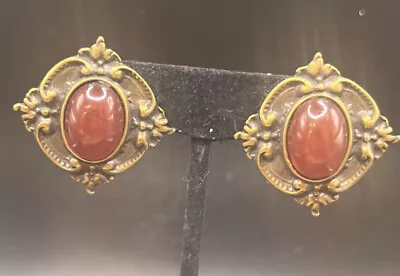 Vintage Antique Gold Tone Carnelian? Glass Cabochon Stud Earrings Stunning  • $33.99