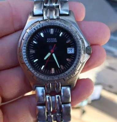 RARE Vintage Guess Waterpro Men's Watch Wristwatch Date Black Dial LOOK WOW NR • $2.99