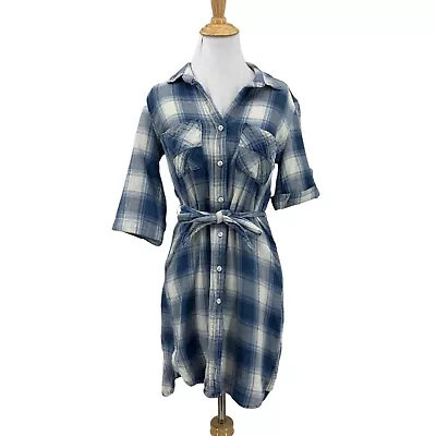 Cloth & Stone Plaid Dress Womens XS Blue Button Up Tab Sleeve Bow Waist Tie • $25.45