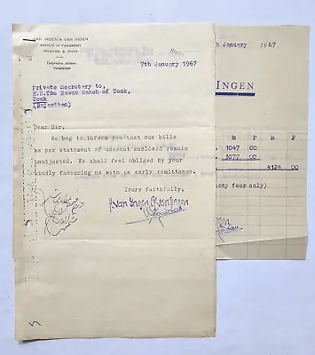 1967 India VAN INGEN MYSORE To Nawab Tonk For Unpaid Taxidermy Bill  (11314) • $99.99