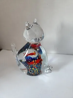 Vintage Murano Glass Cat With Fish Corral Reef Figure • $49.95