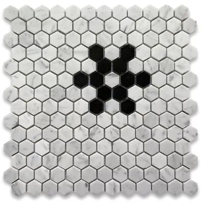 C31F2XP Carrara White 1  Hexagon Black Marble Snowflake Mosaic Tile Polished • $24.99