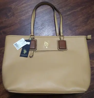U.S. POLO ASSN Women's Tote Bag Vinyl Shopper Handbag Cream Tan 15x12 Inches • $50