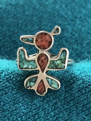 Vintage 1970s Thunderbird Sterling 925 Ring Turquoise Coral Chip Inlay Size 7 • $50