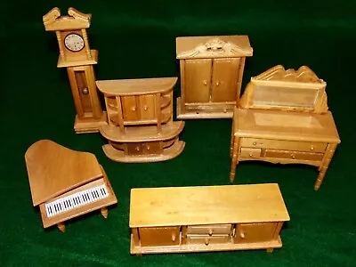 Miniature Dollhouse Furniture Lot(6): Piano Clock Hutch Armoire 2 Dressers 1970s • $18