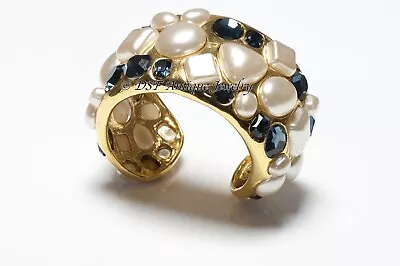 CHANEL Paris 1990’s Wide Gold Plated Blue Crystal Pearl Cuff Bracelet • $5500