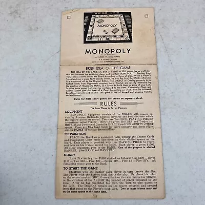 Monopoly Game - Game Play Instructions - Vintage 1936  - Parker Brothers Parts • $10