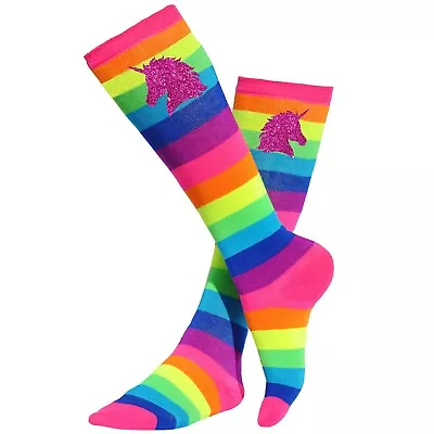 Girls Socks Unicorn Rainbow Knee High Striped Long Stockings Kids Leg Warmers • $14.95