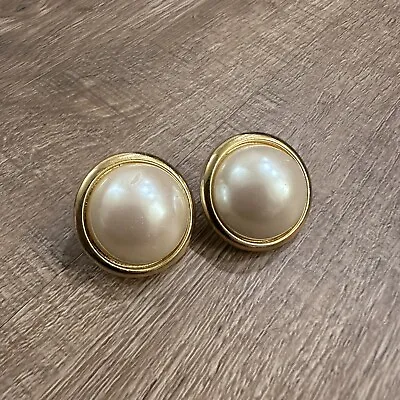Signed Marvella Vintage ￼Domed Faux Pearl Gold Tone Clip On Earrings 80s 90s • $18