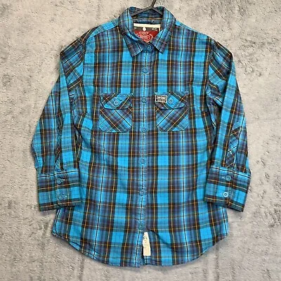 Superdry Shirt Boys Large Long Sleeve Blue Yellow Pockets Button Up • £10.46